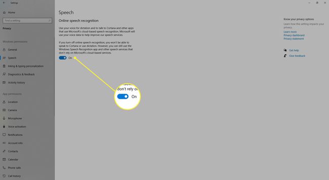 Windows 10 Gizlilik ayarları menüsünde çevrimiçi konuşma tanıma seçeneği.