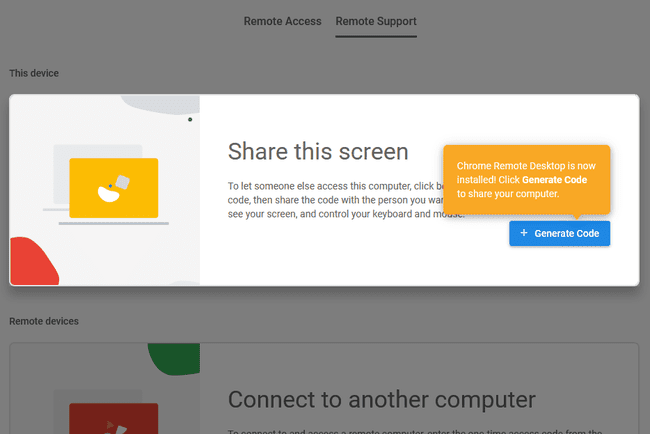 Captura de pantalla del botón generar código de Escritorio remoto de Chrome