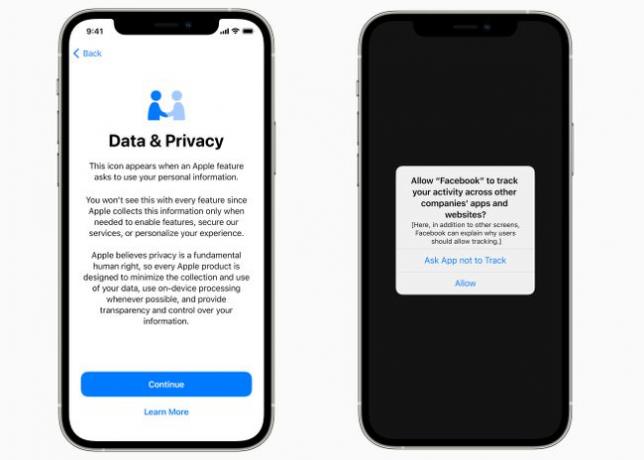 Informații despre transparență de urmărire a aplicației Apple și un exemplu afișat pe două ecrane iPhone.