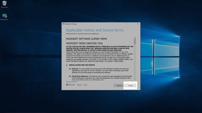 Uvjeti i odredbe za Windows 10 Media Creation Tool.