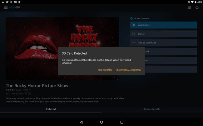 Caseta de dialog pentru cardul SD în Amazon Prime Video