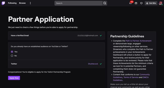 Twitch Partner jelentkezési űrlap a Twitch honlapján.