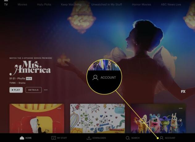アカウントの見出しが強調表示されたHuluアプリのスクリーンショット