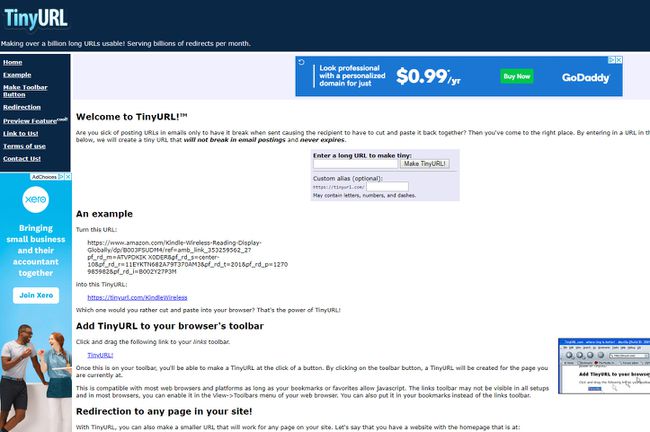 TinyURL web sitesi ekran görüntüsü