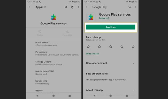 Google Play Services alkalmazás Android rendszeren, ahol a Deaktiválás ki van jelölve