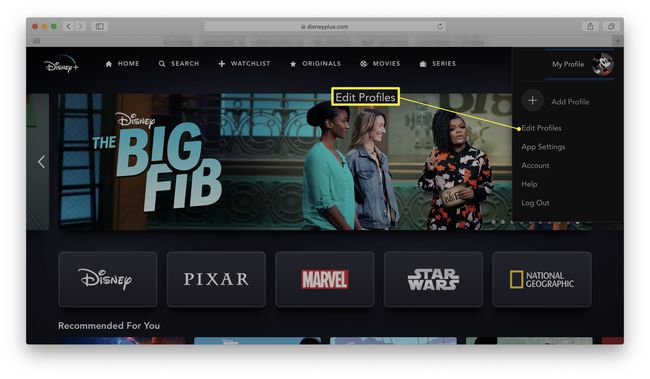 Disney+ într-un browser web cu Editați profiluri evidențiate