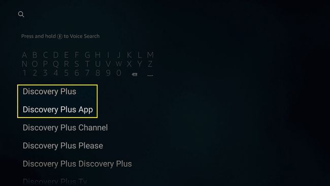 Căutarea Discovery Plus în funcția de căutare Amazon Fire TV.