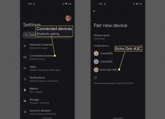 Dispozitive conectate și Echo Dot în listele de conexiuni Bluetooth pe Android