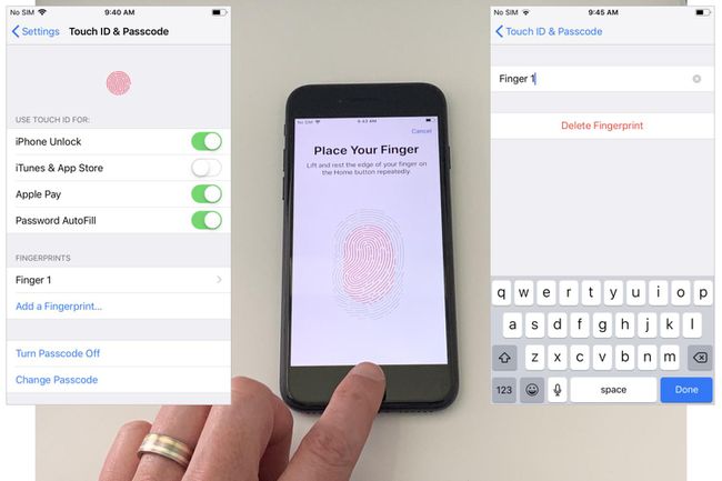 Duas capturas de tela do iOS Phone (à esquerda, opções de configuração do Touch ID descritas na postagem; à direita, edite o nome da impressão digital ou exclua); Foto central do dedo indicador esquerdo durante a sessão de configuração do Touch ID, mostrando o padrão de impressão digital na tela
