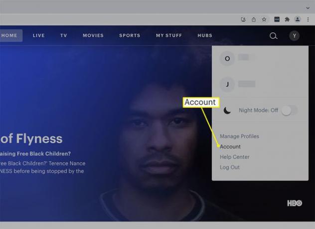 Huluデスクトップのプロファイルドロップダウンメニューからのアカウントオプション。