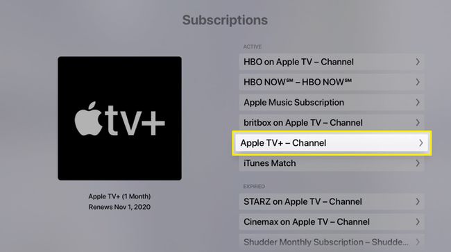 Skärmdump av Apple TV-prenumerationslistan