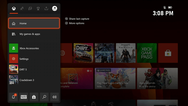 Uma captura de tela do Guia do Xbox Series S.