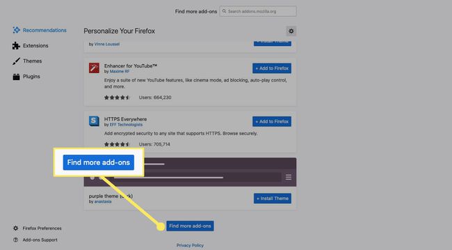 Seleccione Buscar más complementos para ir a la tienda de complementos de Firefox