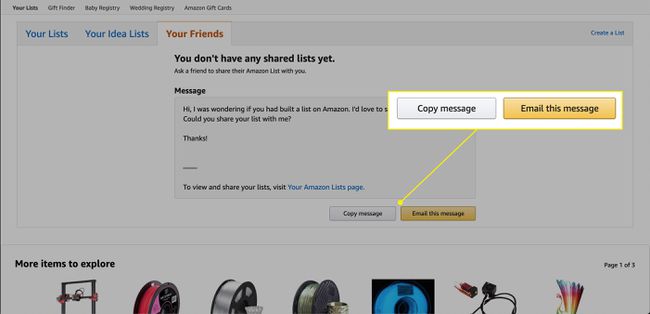 Las opciones de contacto para solicitar la lista de Amazon de un amigo