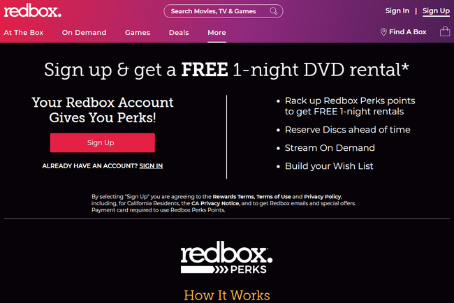 Redbox Perks regisztrációs oldal