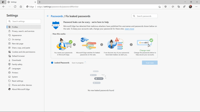 Ejecutando un escaneo del monitor de contraseñas en Microsoft Edge.