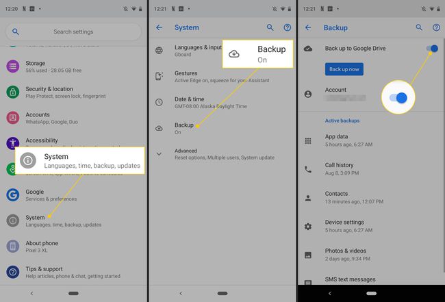 Comutare Sistem, Backup, Backup pe Google Drive în Setările Android