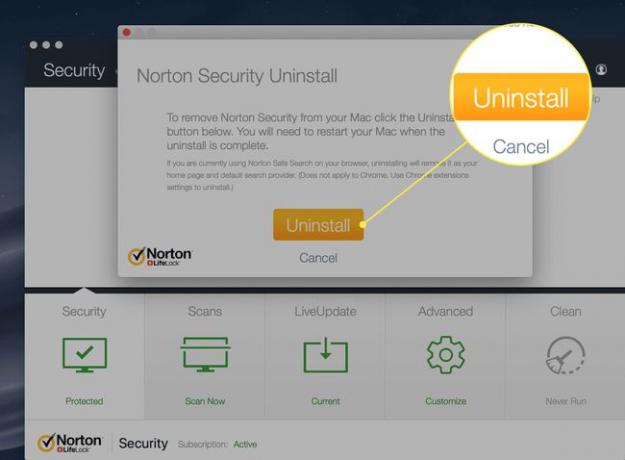 El botón Desinstalar en Norton Security Uninstall