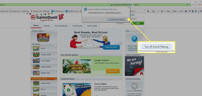 Internet Explorer con el botón Desactivar el filtrado ActiveX resaltado