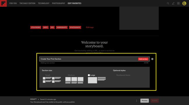 Opcje podczas tworzenia nowej sekcji Storyboard w Flipboard.