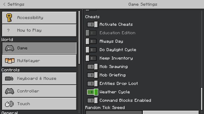 Minecraft の Cheats で有効になっている Weather Cycle