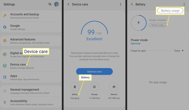 Apparaatonderhoud, batterij en batterijgebruik gemarkeerd in Android-instellingen