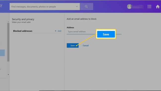 Botão Salvar na página da web de e-mail bloqueado para o Yahoo Mail