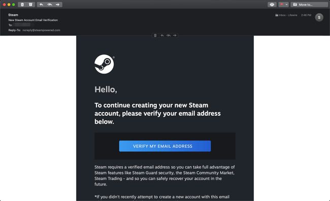 El correo electrónico de confirmación de Steam