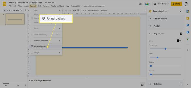 การจัดรูปแบบเส้นใน Google สไลด์ด้วยเงาโดยเน้นตัวเลือกรูปแบบ