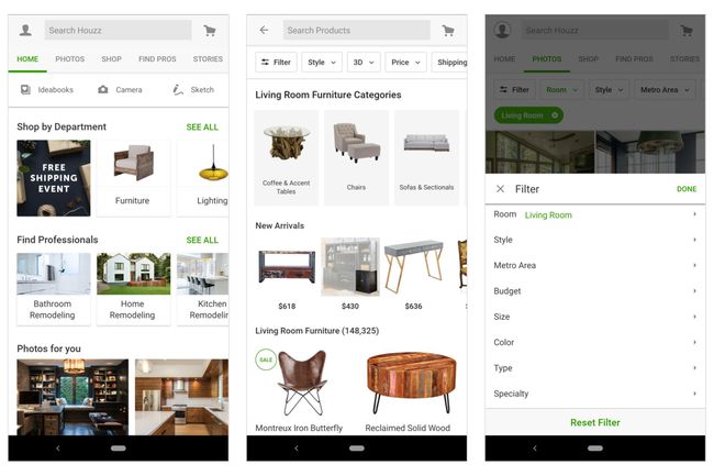 3 snímky obrazovky Houzz: Zobrazení možností nakupování na hlavní obrazovce, možností kategorií obývacího pokoje a podrobných možností filtrování kategorií