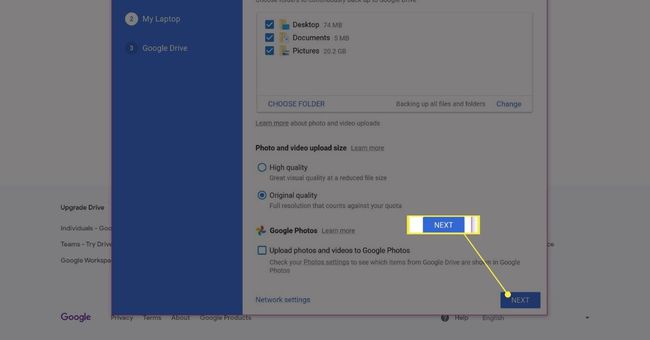 Butonul următor din configurarea aplicației Google Drive Backup și sincronizare. 