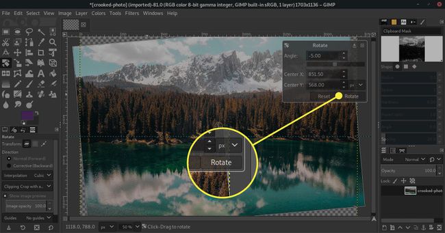 Döndür düğmesi vurgulanmış olarak GIMP'deki Döndür penceresinin ekran görüntüsü