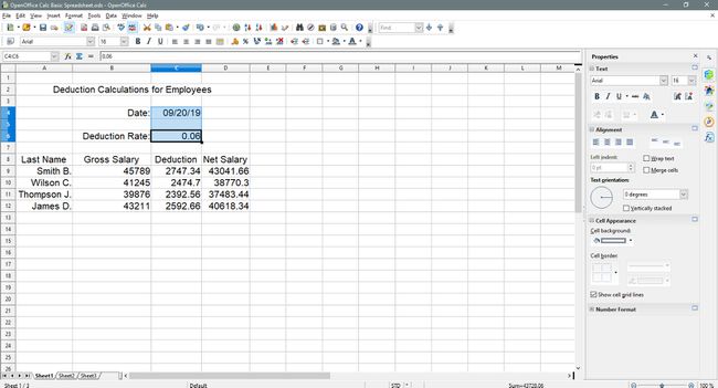 Datum- en aftrekpercentagecellen zijn gemarkeerd in OpenOffice Calc.