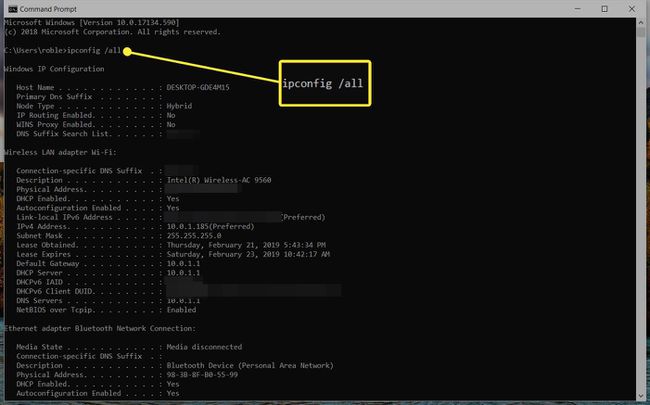 screenshot ipconfig all příkaz a výsledek v příkazovém řádku přes Windows 10