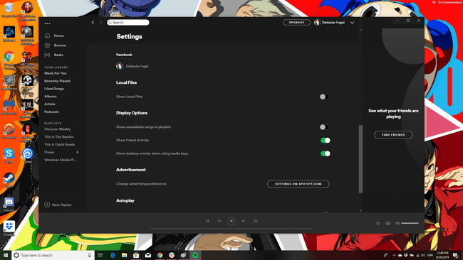 Zrzut ekranu ustawień społecznościowych Spotify