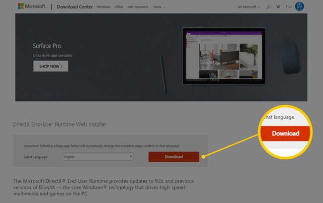 Stranica za preuzimanje DirectX-a na Microsoftovoj web stranici