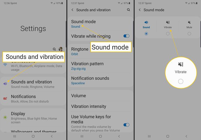 Sunete și vibrații, mod sunet, casetă de selectare Vibrare pe Android