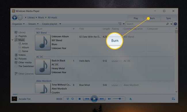 Onglet Graver dans Windows Media Player