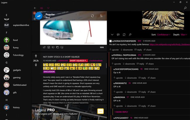 Aplikace Legere Reddit na Windows 10.