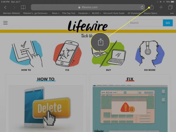 Safari para iPad con el botón Compartir resaltado