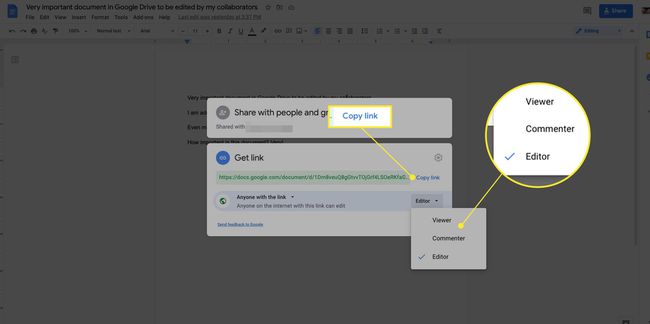 Caixa Obter link do Google Docs com Copiar link e opções de compartilhamento destacadas