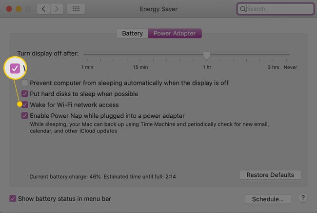 Activar para acceder a la red Wi-Fi en el panel de preferencias del sistema de ahorro de energía de macOS