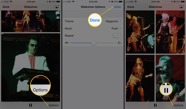 Três telas do iOS mostrando os botões Opções, Concluído e Pausar na interface de apresentação de slides do aplicativo Fotos