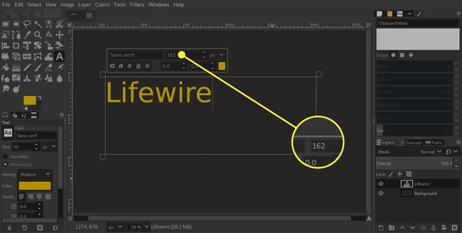 Ein Screenshot von GIMP mit hervorgehobener Option Textgröße