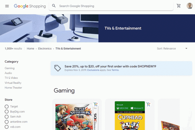 Página de entretenimiento y televisores de Google Shopping