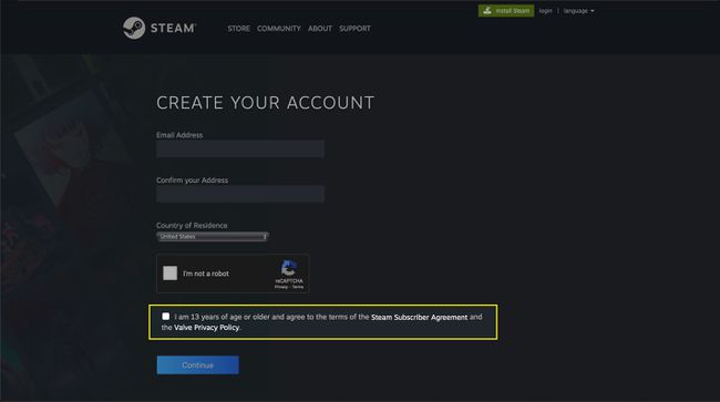 Odkazy na používateľskú zmluvu a začiarkavacie políčko na stránke Create Your Account na Steame