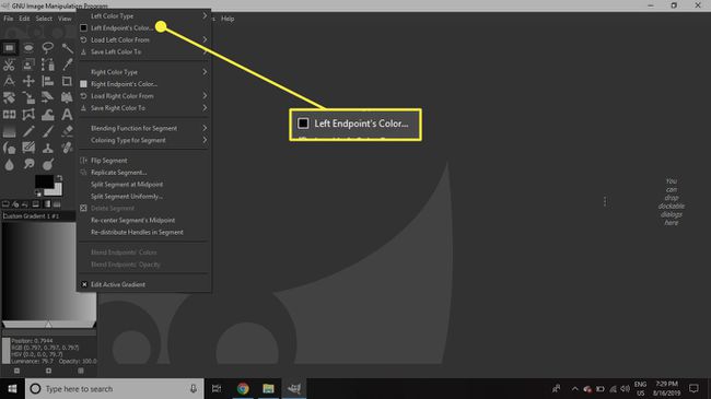 Posnetek zaslona GIMP z označenim ukazom Barva leve končne točke
