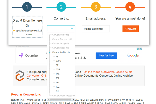 Conversão BZ2 em FileZigZag