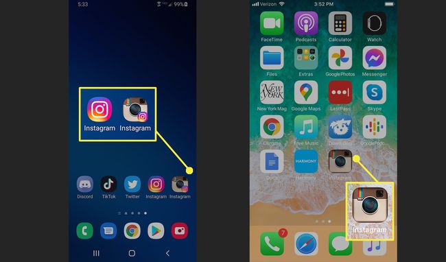 Začetni zasloni Android in iPhone z ikono aplikacije Instagram nazaj.