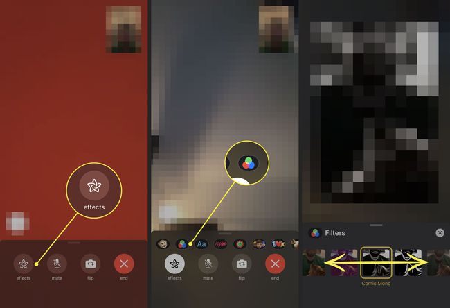 Una chiamata FaceTime su un iPhone con i pulsanti Effetti e Filtri evidenziati e una freccia che indica lo scorrimento tra diverse opzioni
